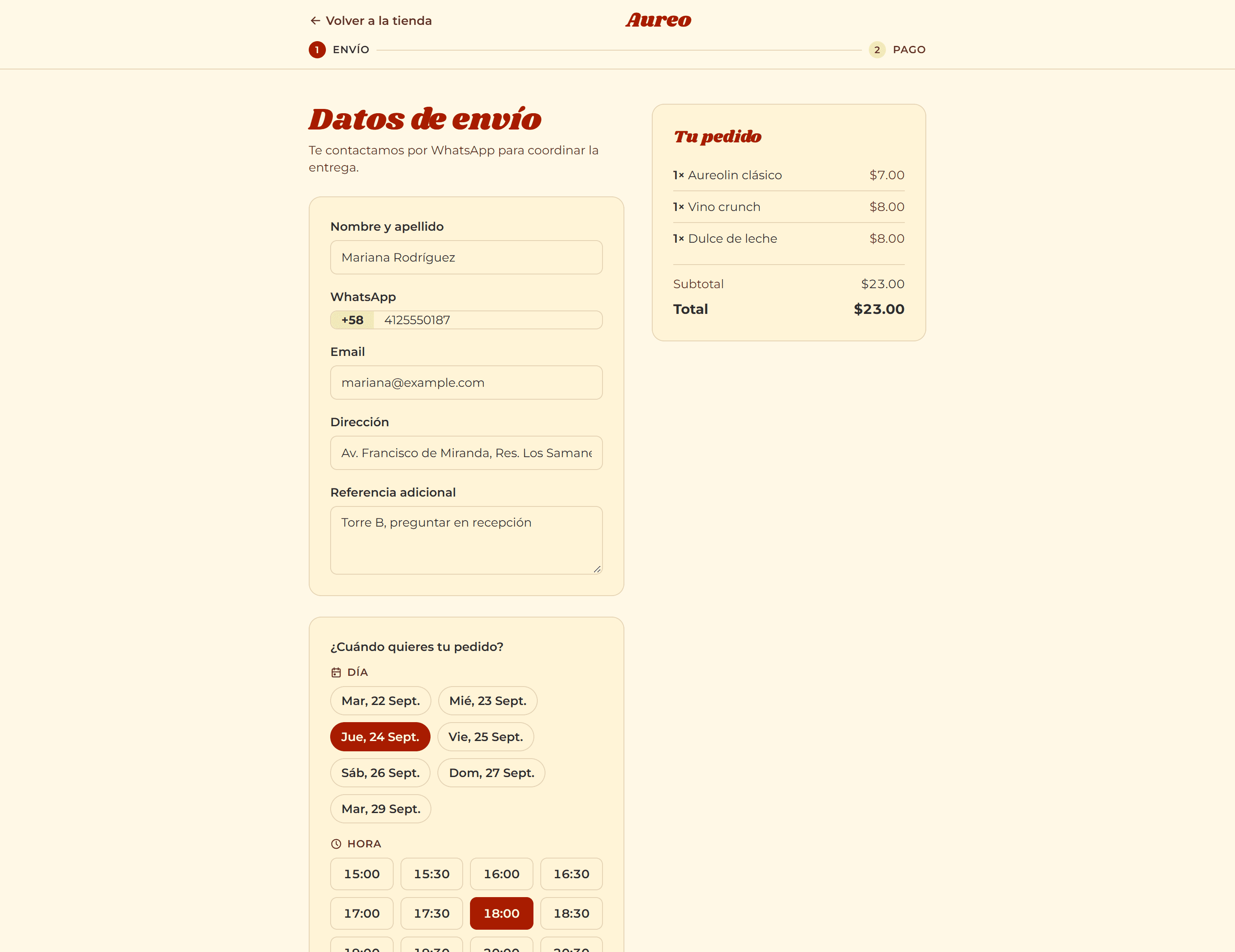 Aureo checkout with delivery details, order summary and a picker of 30-minute delivery slots