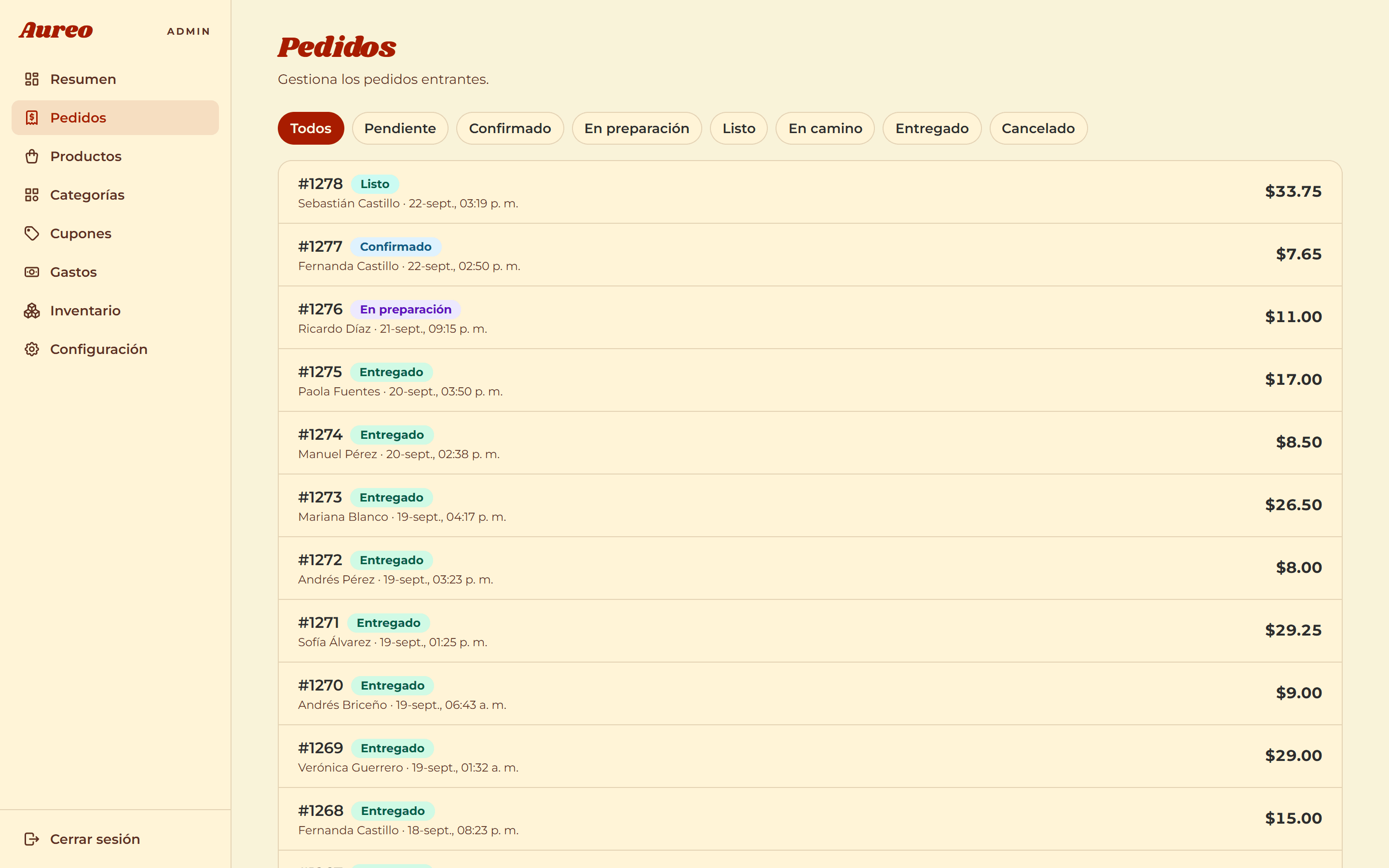 Aureo order list filtered by status, with order number, customer, date and total