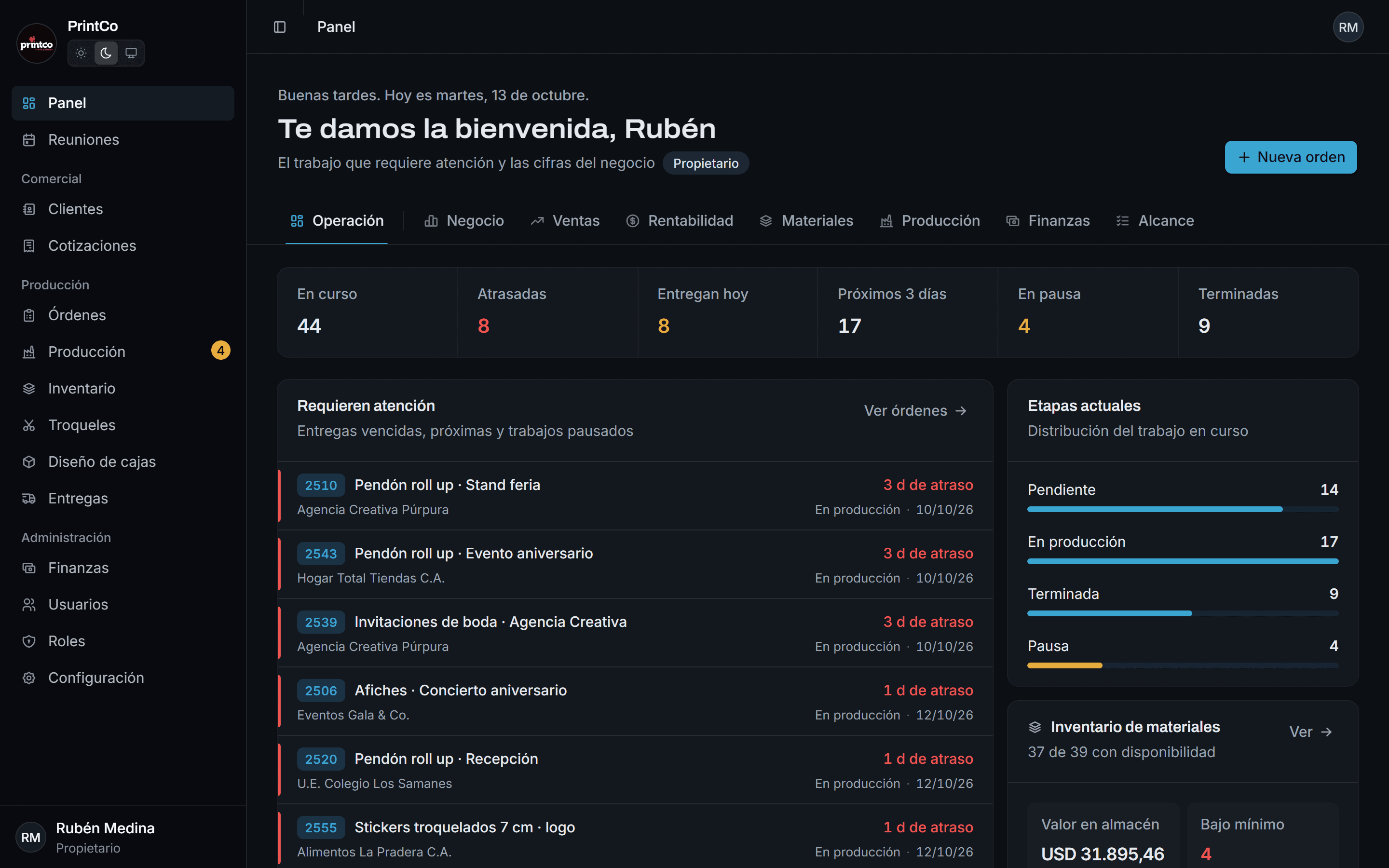 Operations dashboard for a print workshop
