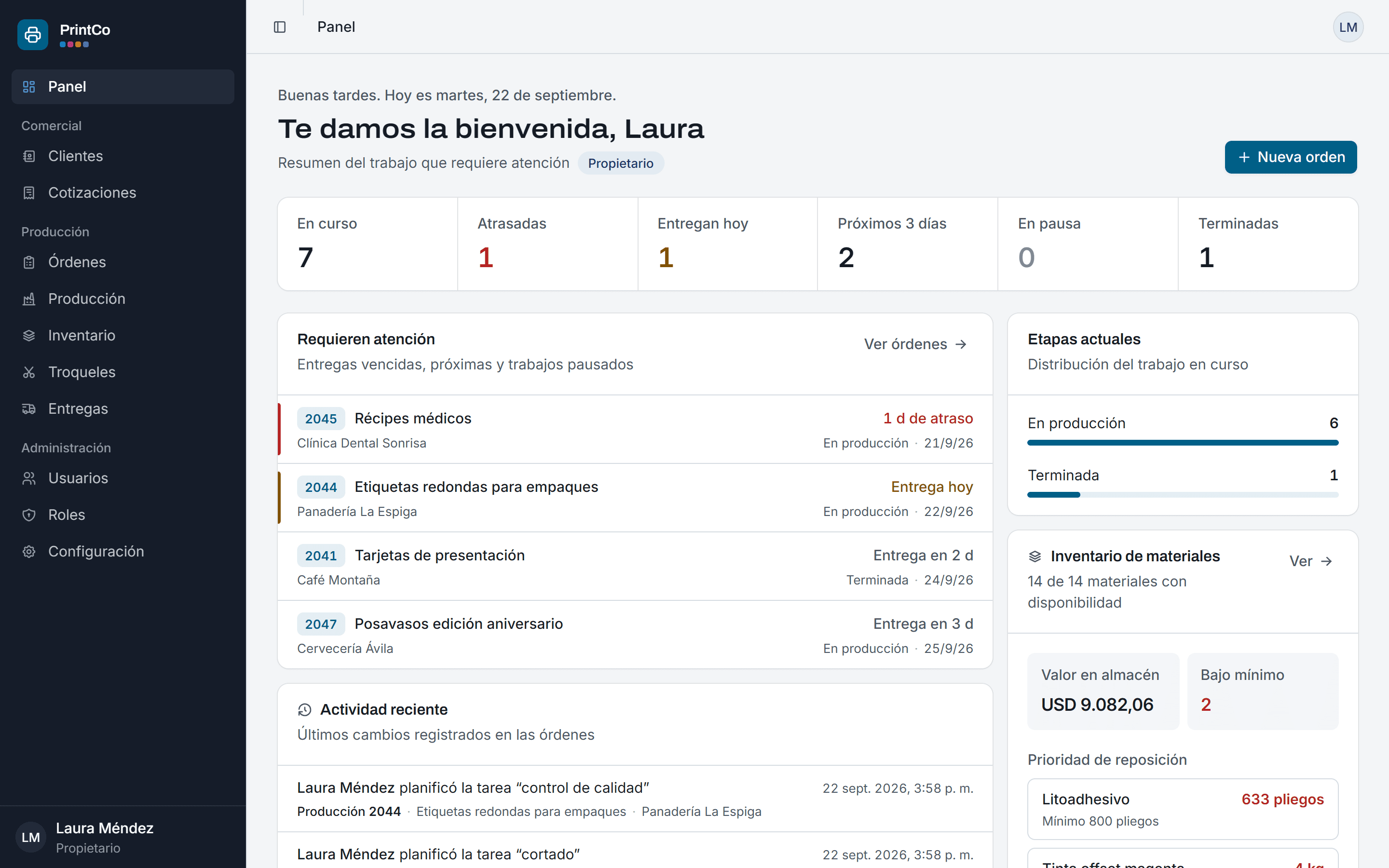 Operations dashboard for a print workshop