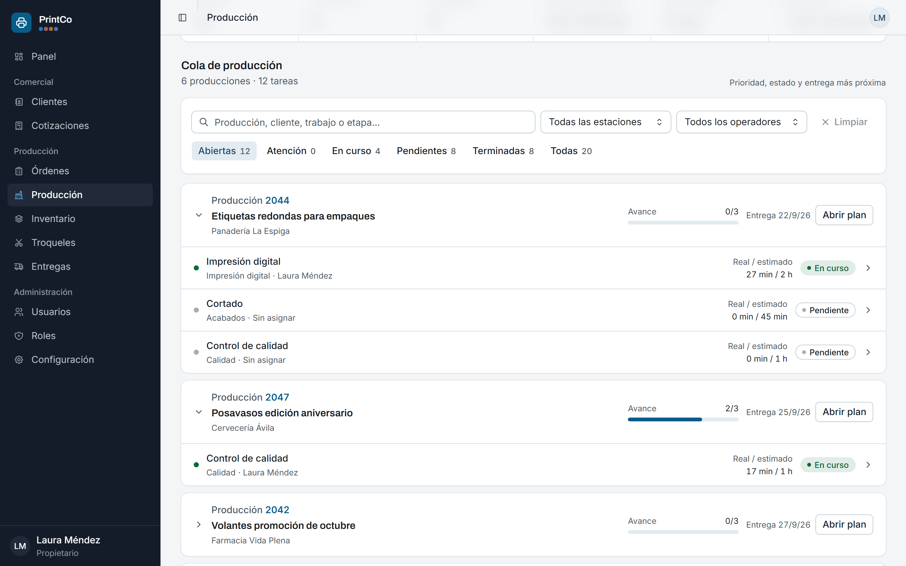 PrintCo production queue with each order's stages, operator, real versus estimated time and status