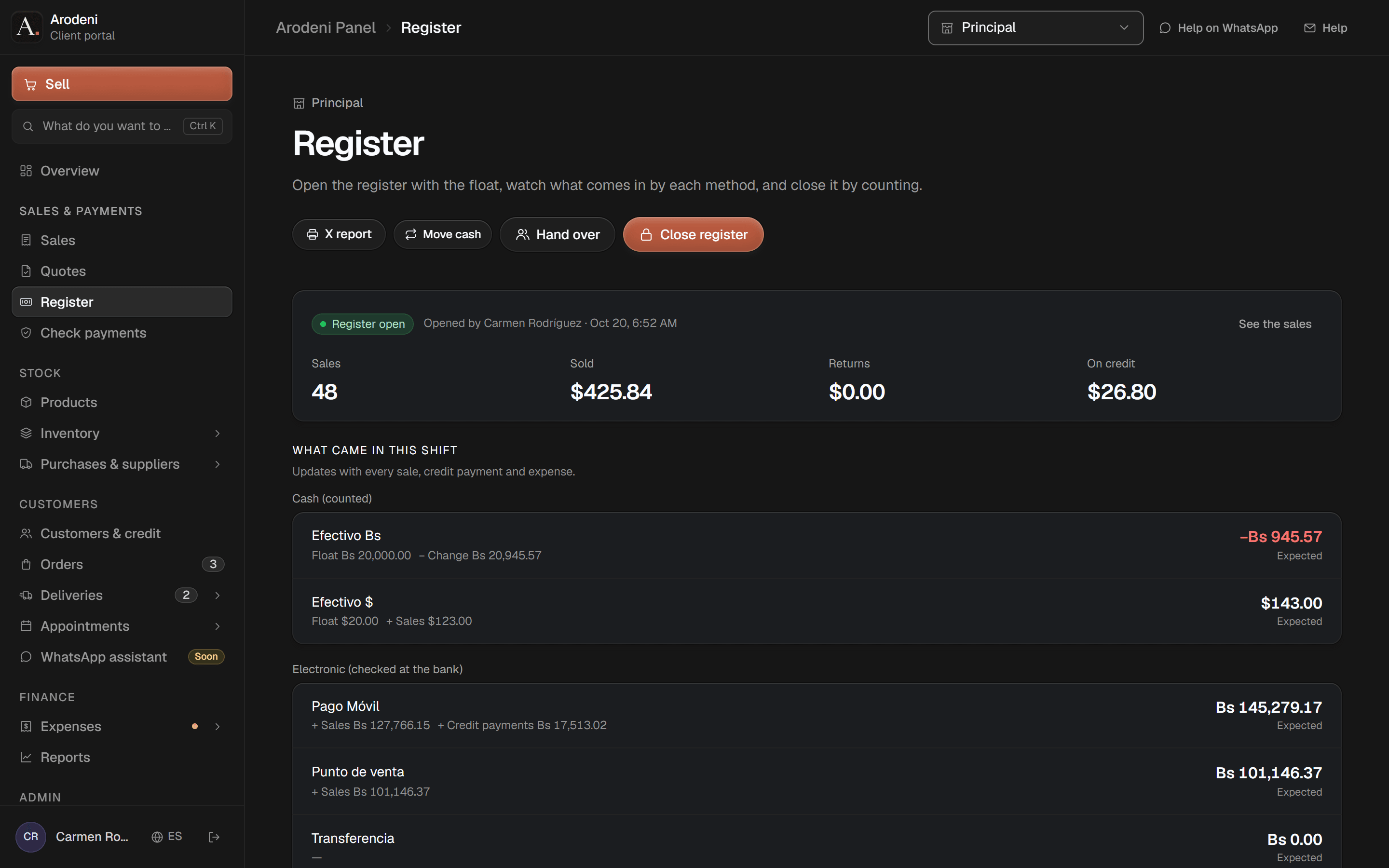 The open register: sales so far, and what should be in the drawer by method and currency