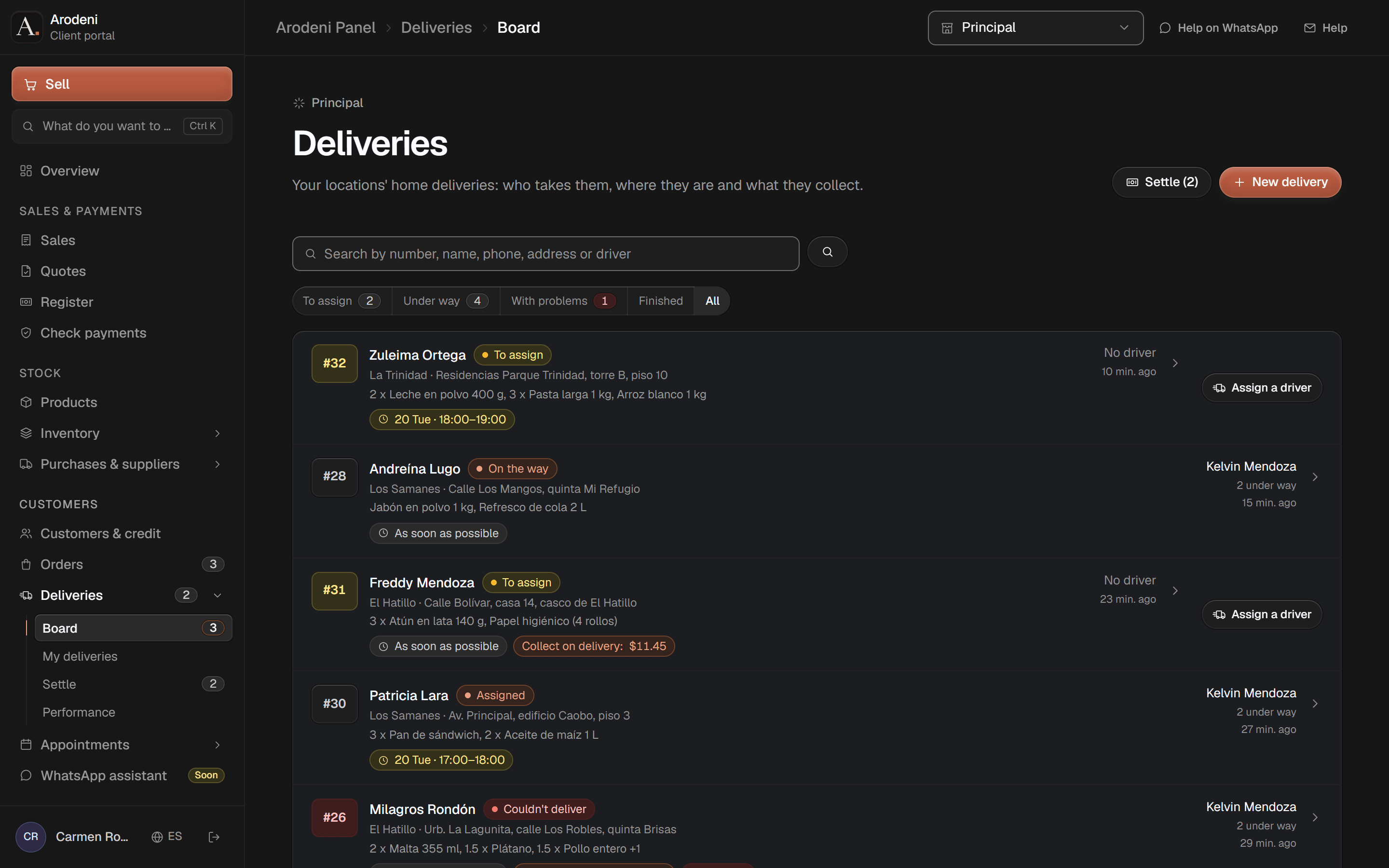 The Deliveries board: each delivery with its customer, area, address and what's in the bag, waiting for a driver, assigned, on the way or couldn't be delivered, its time slot, what the driver collects, the driver and how many they're carrying, and a button to settle two drivers