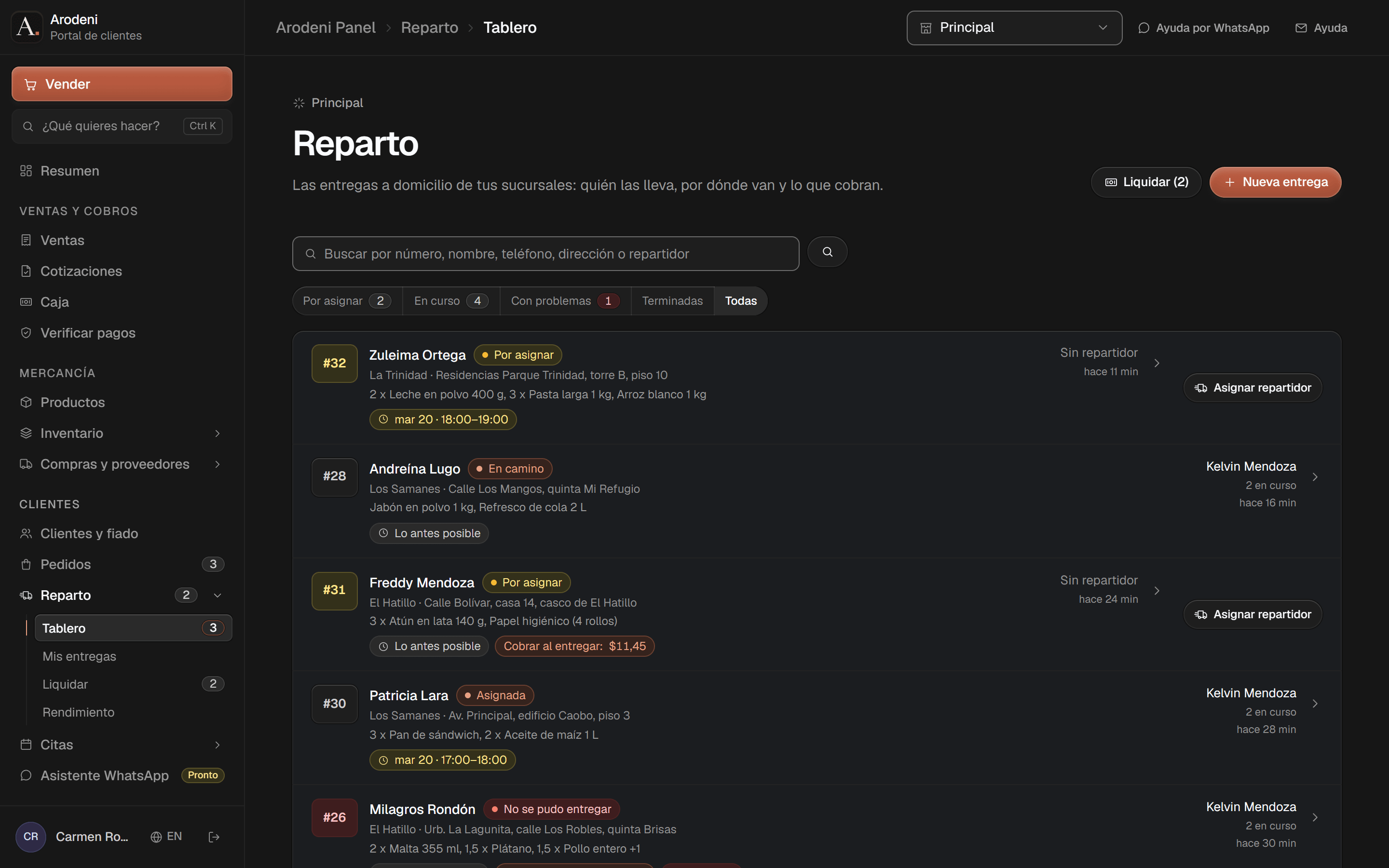 El tablero de Reparto: cada entrega con su cliente, zona, dirección y lo que lleva, por asignar, asignada, en camino o sin poder entregarse, su horario, lo que cobra el repartidor, el repartidor y cuántas lleva, y un botón para liquidar a dos repartidores