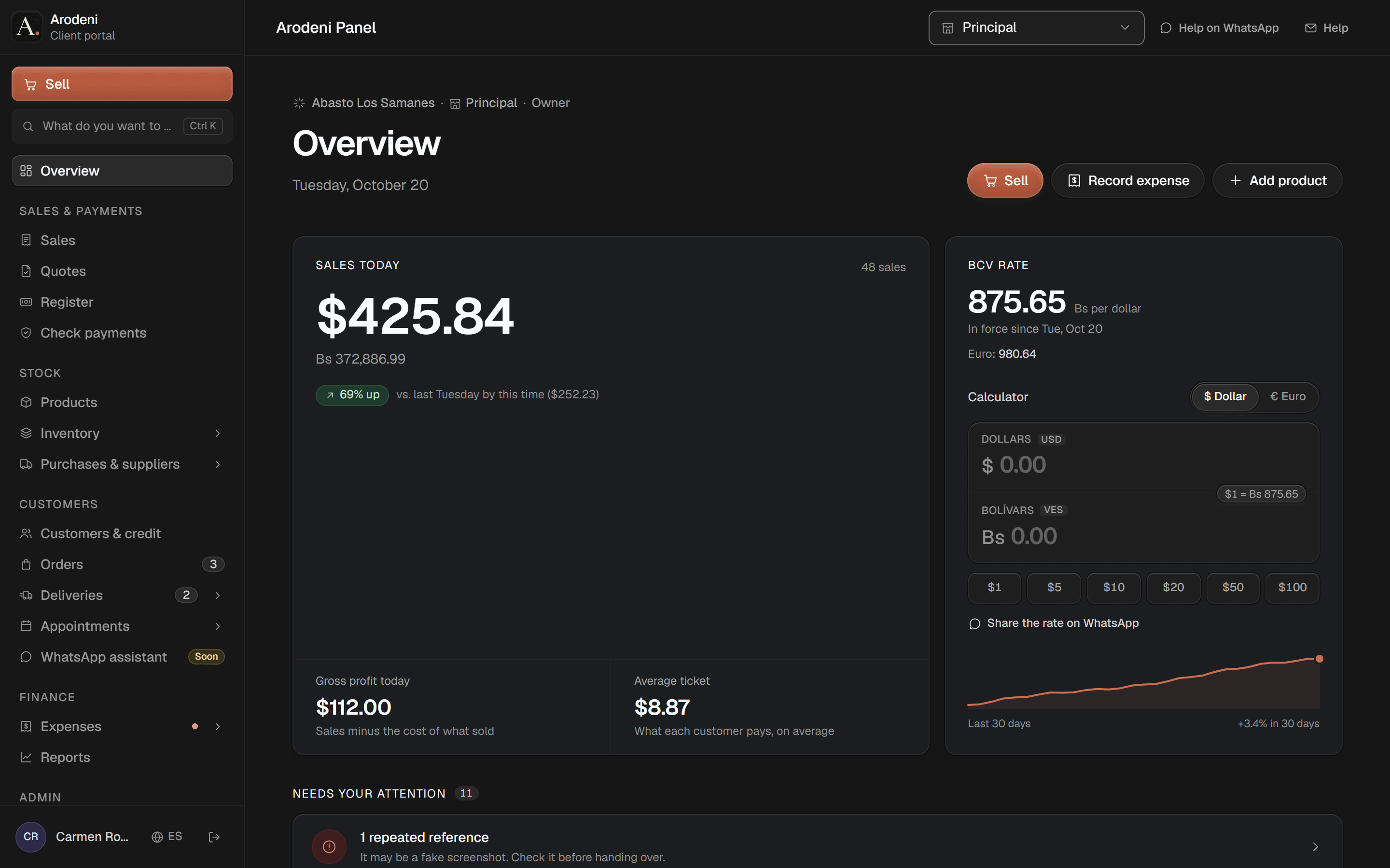 Arodeni Panel's overview for a corner shop: today's sales in dollars and bolívares against last week, the gross profit and average ticket, and the BCV rate with the euro, a dollar-to-bolívar calculator and the last 30 days