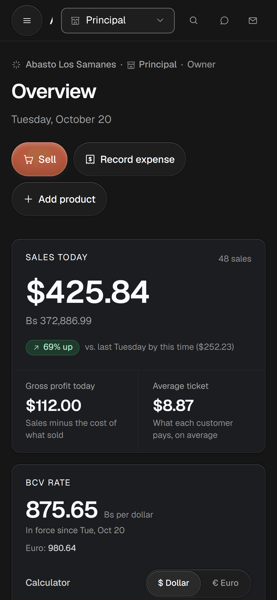 The Panel's overview on a phone, with today's sales and profit