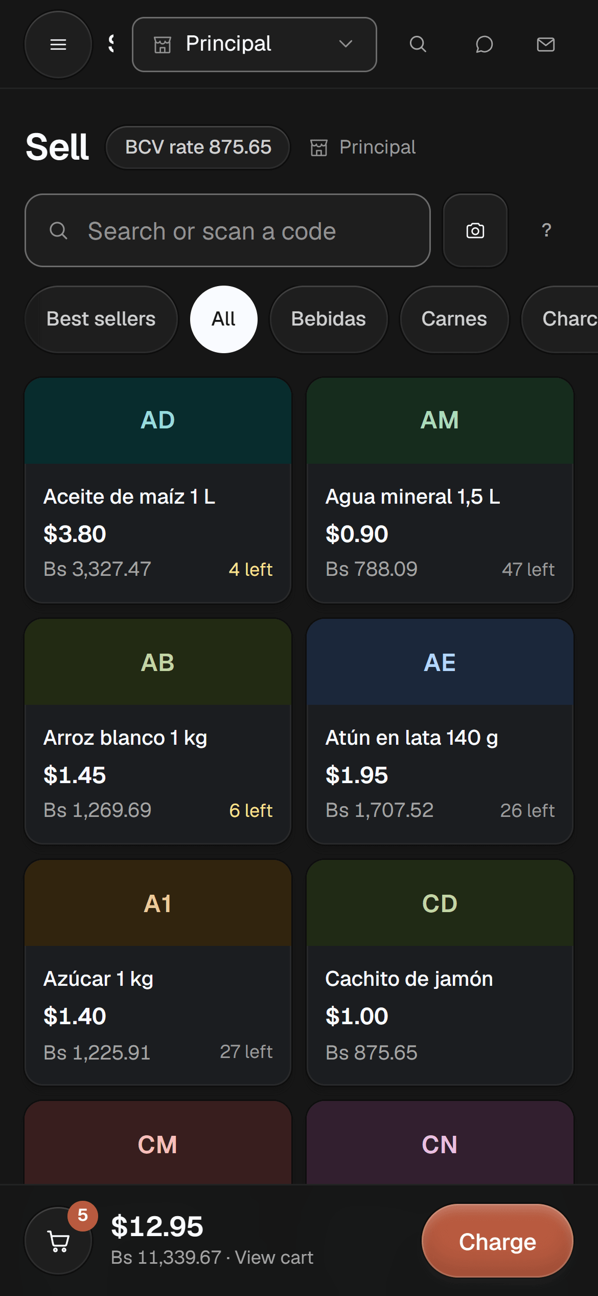 The point of sale on a phone, with the cart total at the bottom