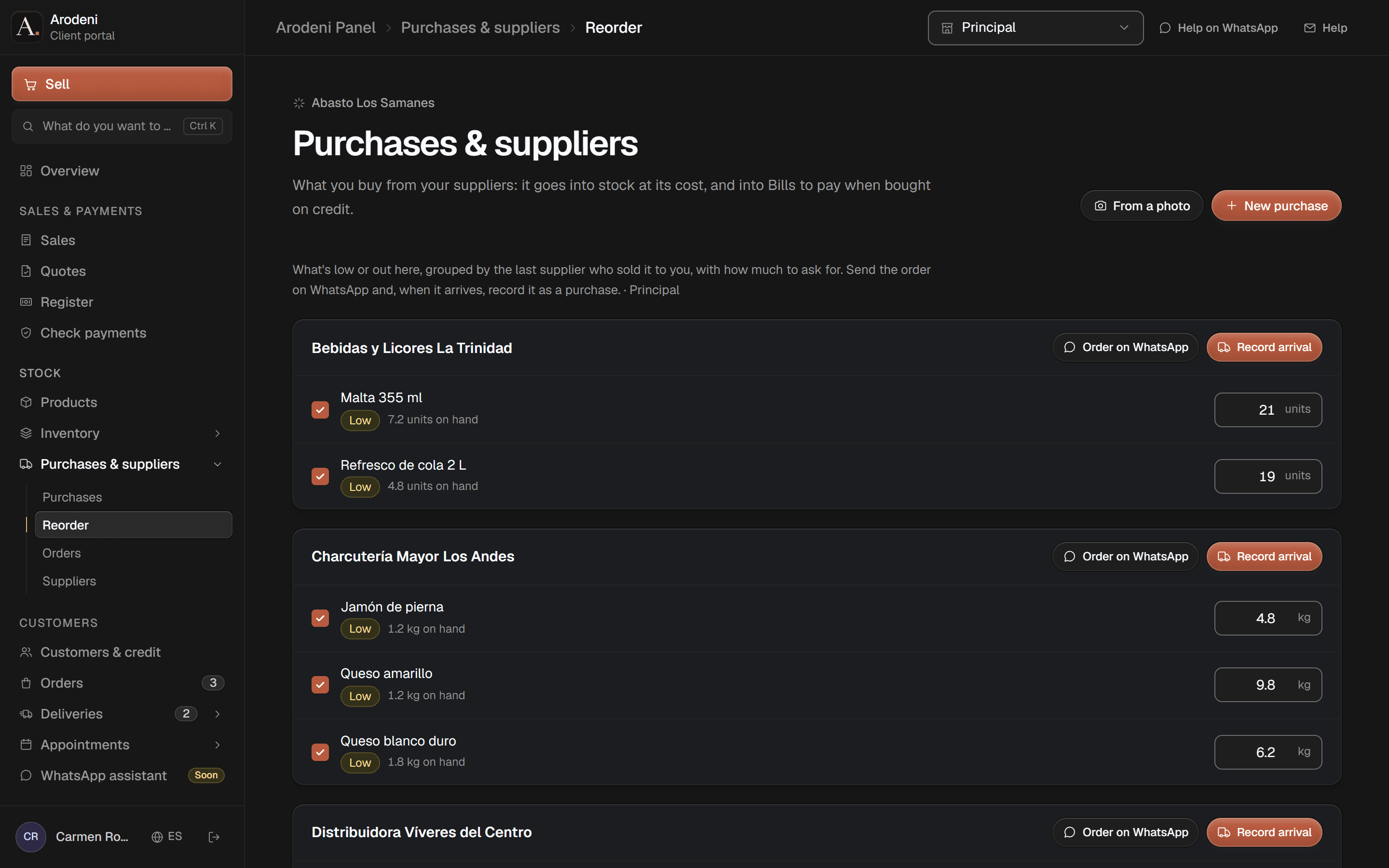 Restock: products running low grouped by supplier, with how much to order and a button to order on WhatsApp