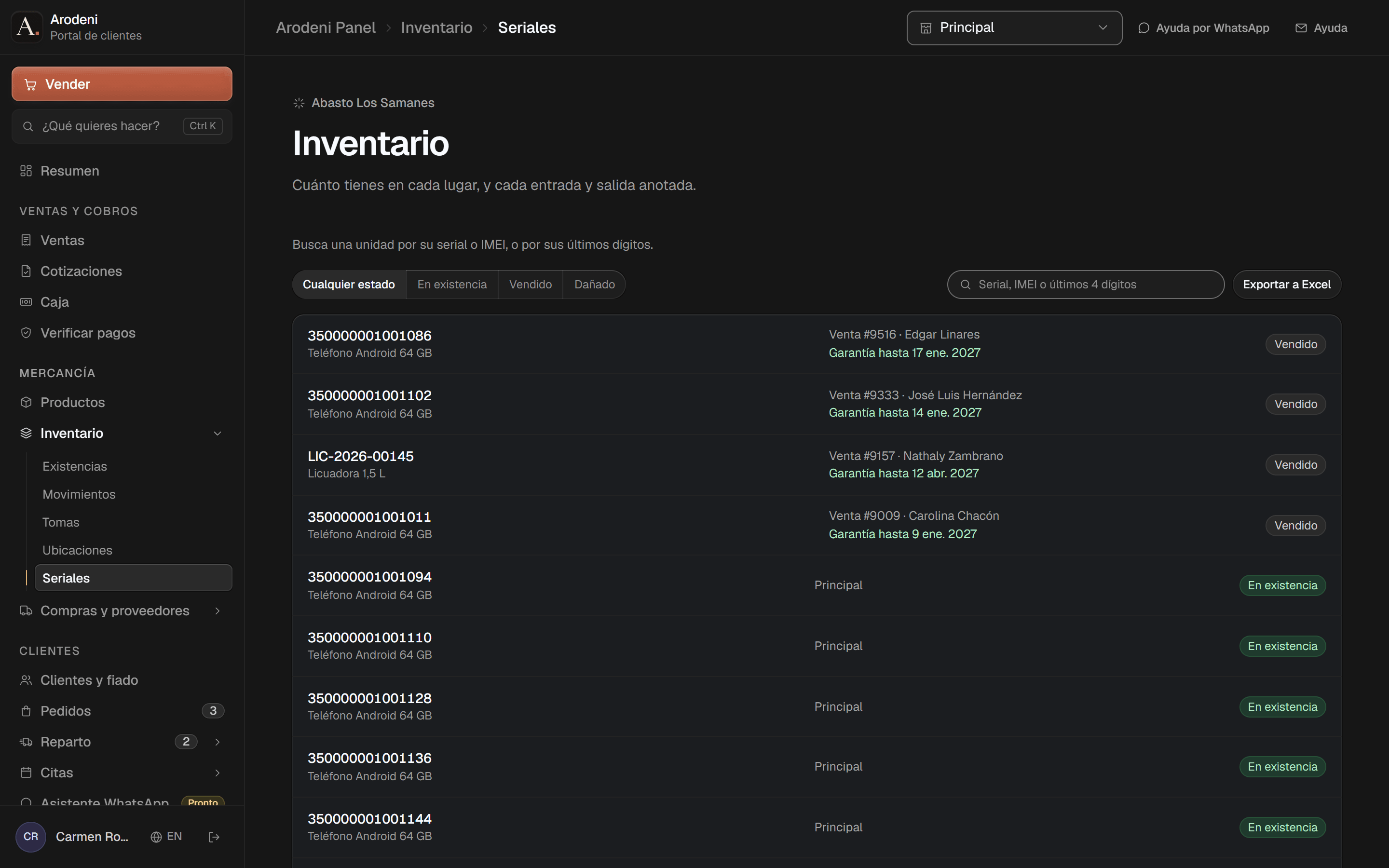Inventario, Seriales: los IMEI de unos teléfonos y el serial de una licuadora, los vendidos con su venta, su cliente y el fin de su garantía, el resto en existencia en la tienda, con búsqueda por los últimos 4 dígitos