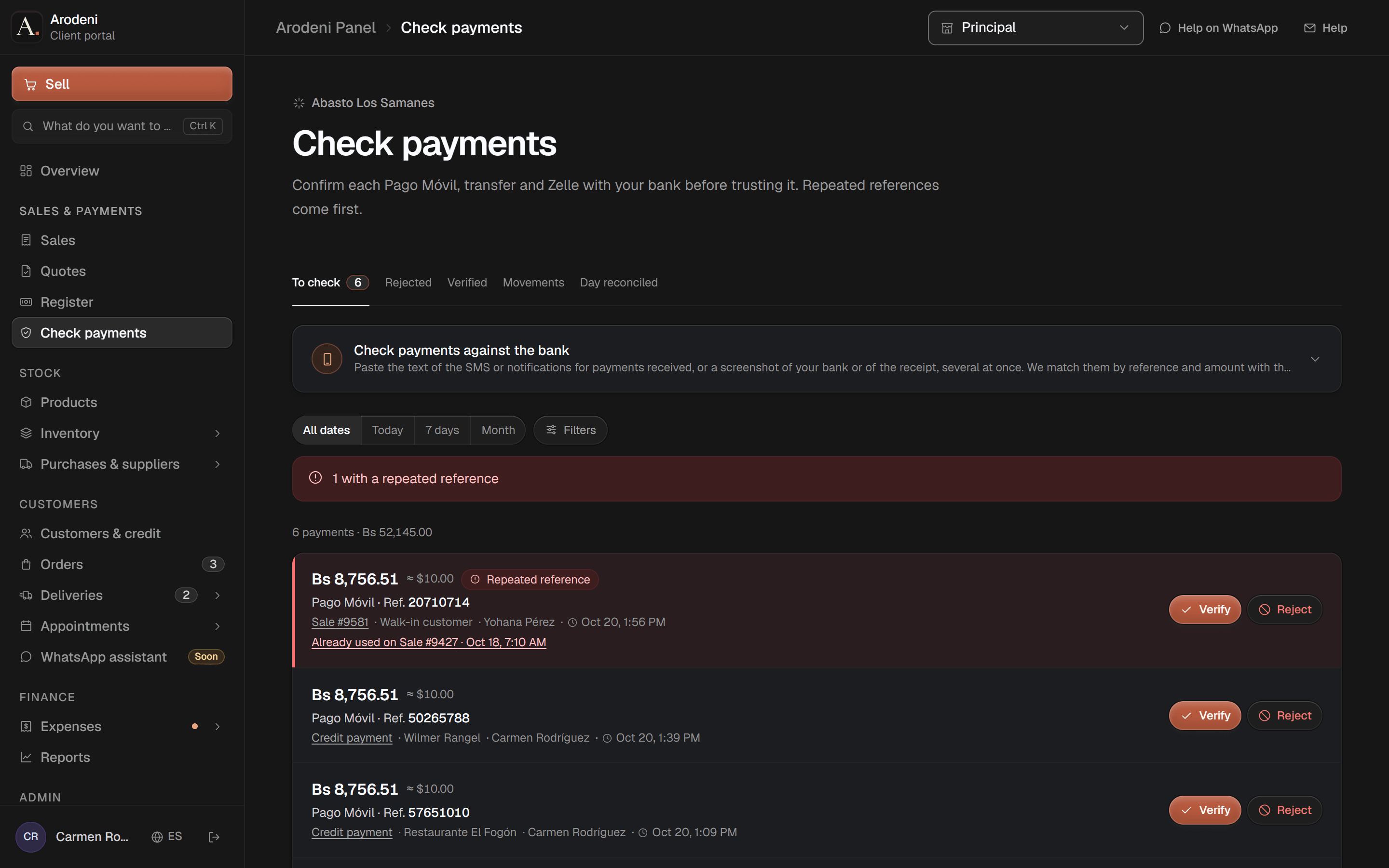 Pago Móvil payments waiting to be checked, with one flagged as a reference already used in an earlier sale