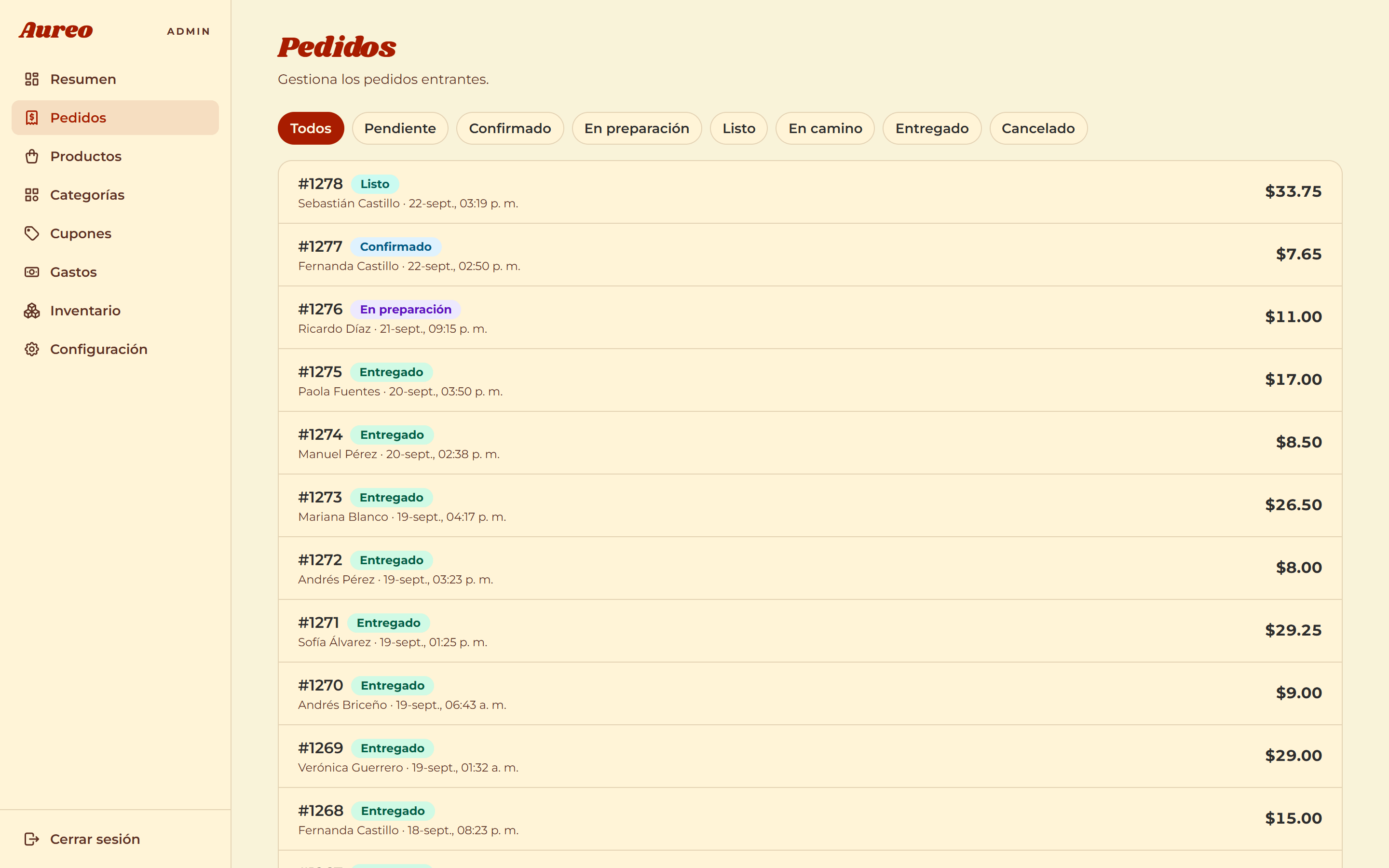 Aureo order list filtered by status, with order number, customer, date and total