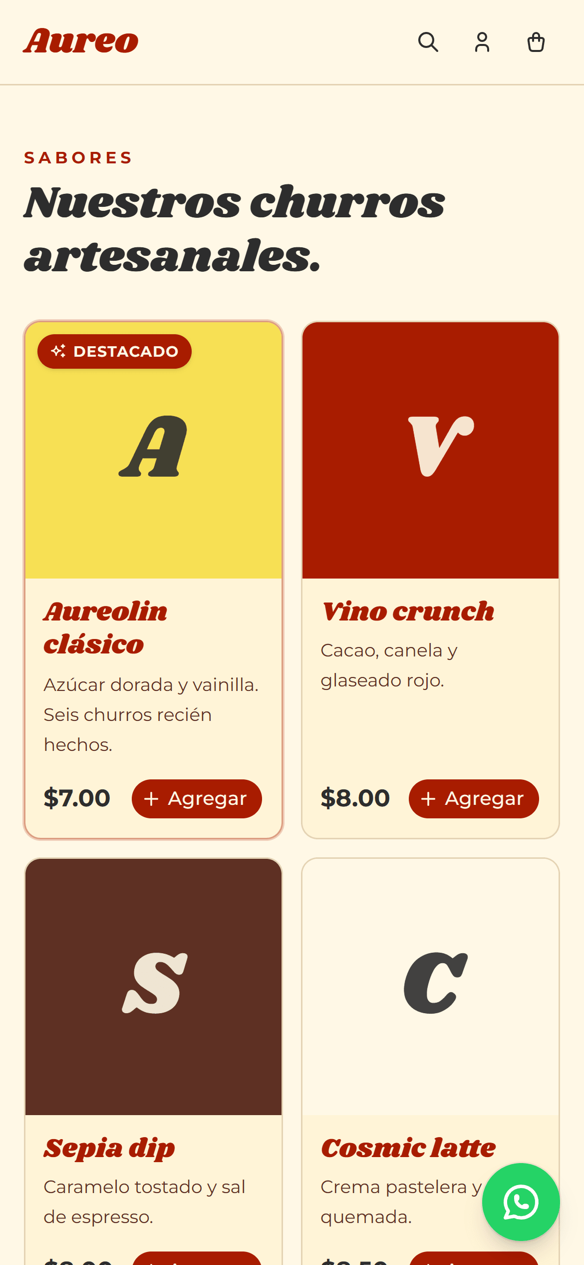 Aureo storefront on a phone, showing the churro catalog with prices and add-to-cart buttons