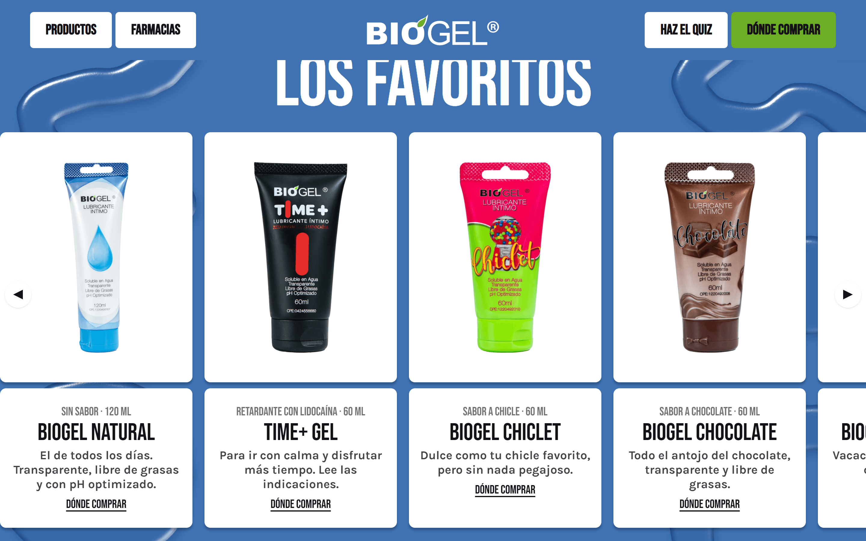 Los favoritos: cards for Biogel Natural, Time+ Gel, Biogel Chiclet and Biogel Chocolate, each with its photo, type, size and a line about it