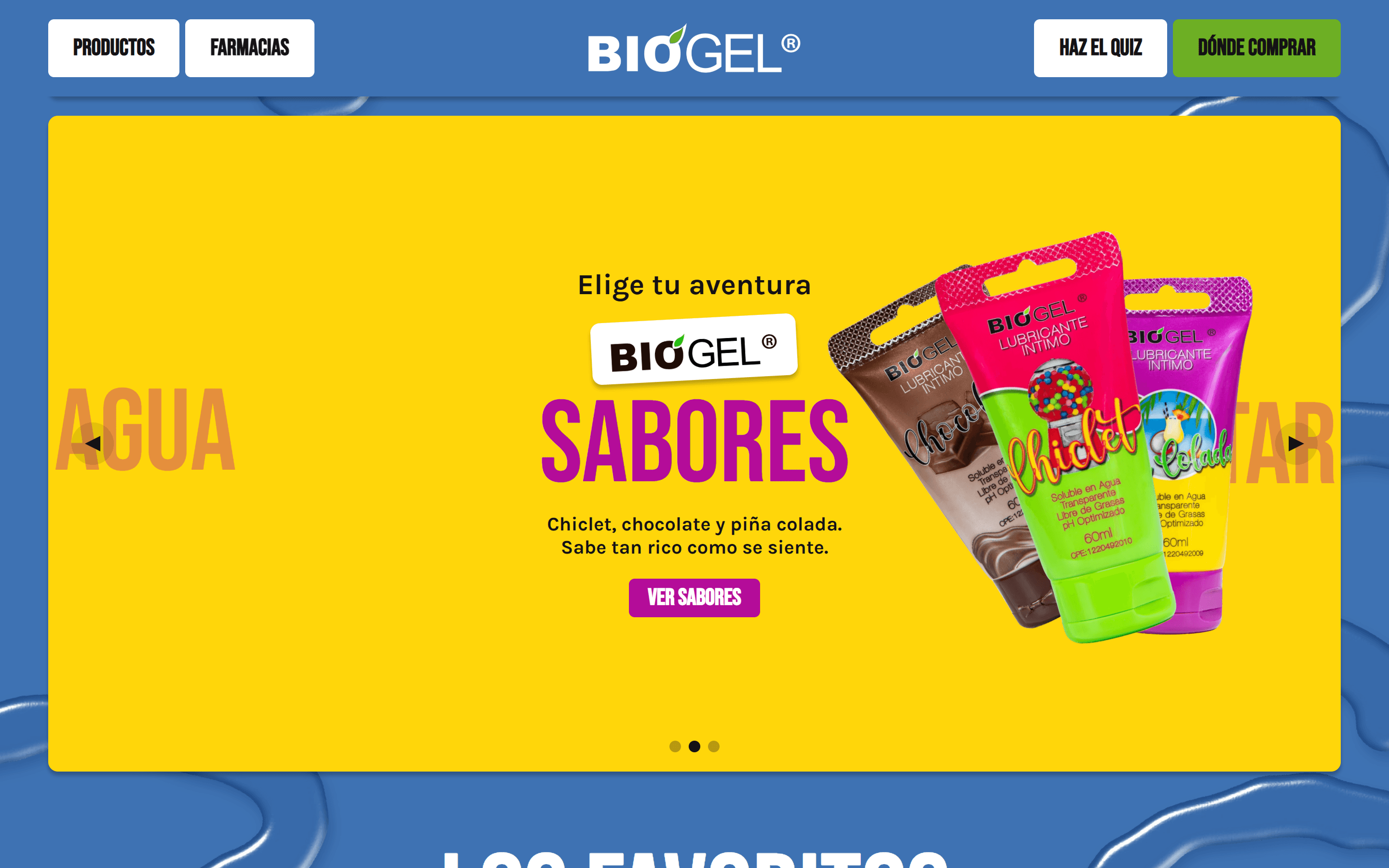 The Elige tu aventura carousel on its yellow Sabores slide: the Chiclet, Chocolate and Piña Colada tubes fanned out beside the Biogel logo and a Ver sabores button