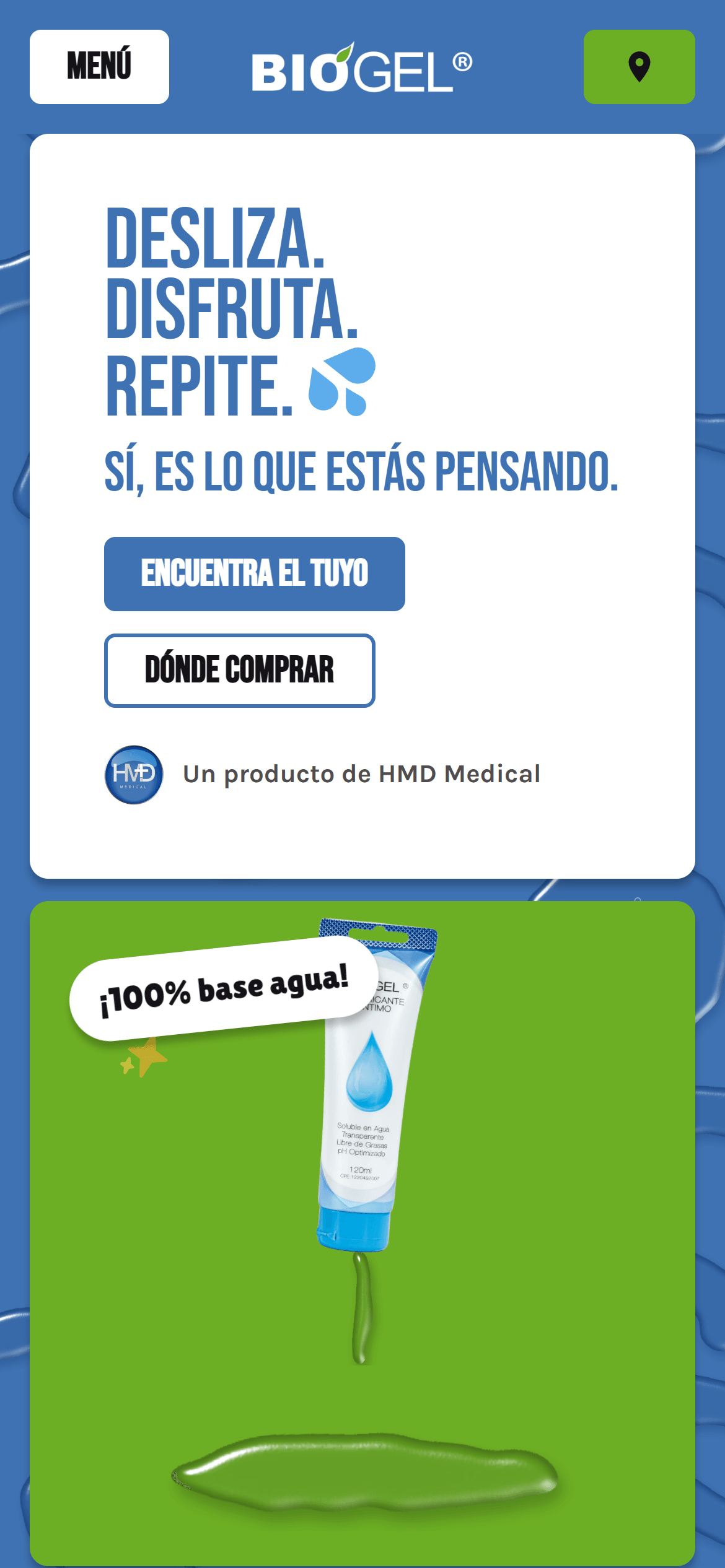 Biogel's home page on a phone: the headline card above the green panel where the Natural tube pours a puddle of gel
