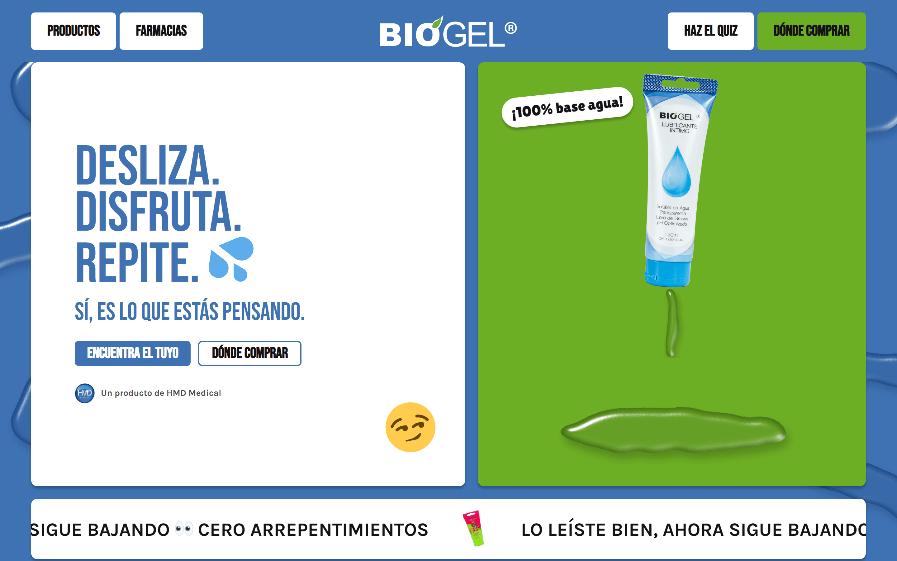 Biogel's home page: Desliza. Disfruta. Repite. on a white card, beside a tube of Biogel Natural pouring gel onto a green panel with a ¡100% base agua! sticker