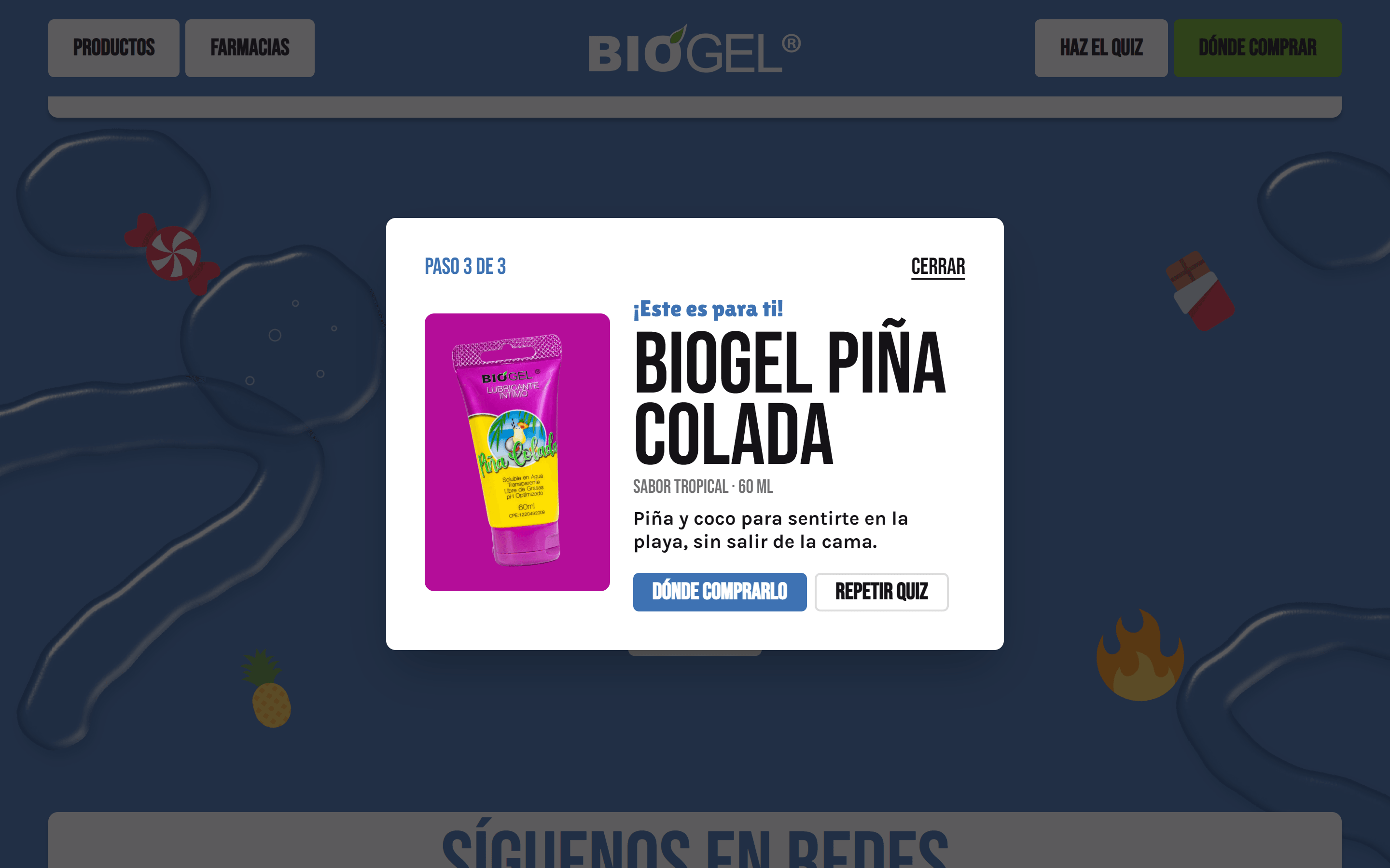 The quiz's last step: ¡Este es para ti! Biogel Piña Colada, its tube on a purple card, with why it fits and buttons to find where to buy it or start over