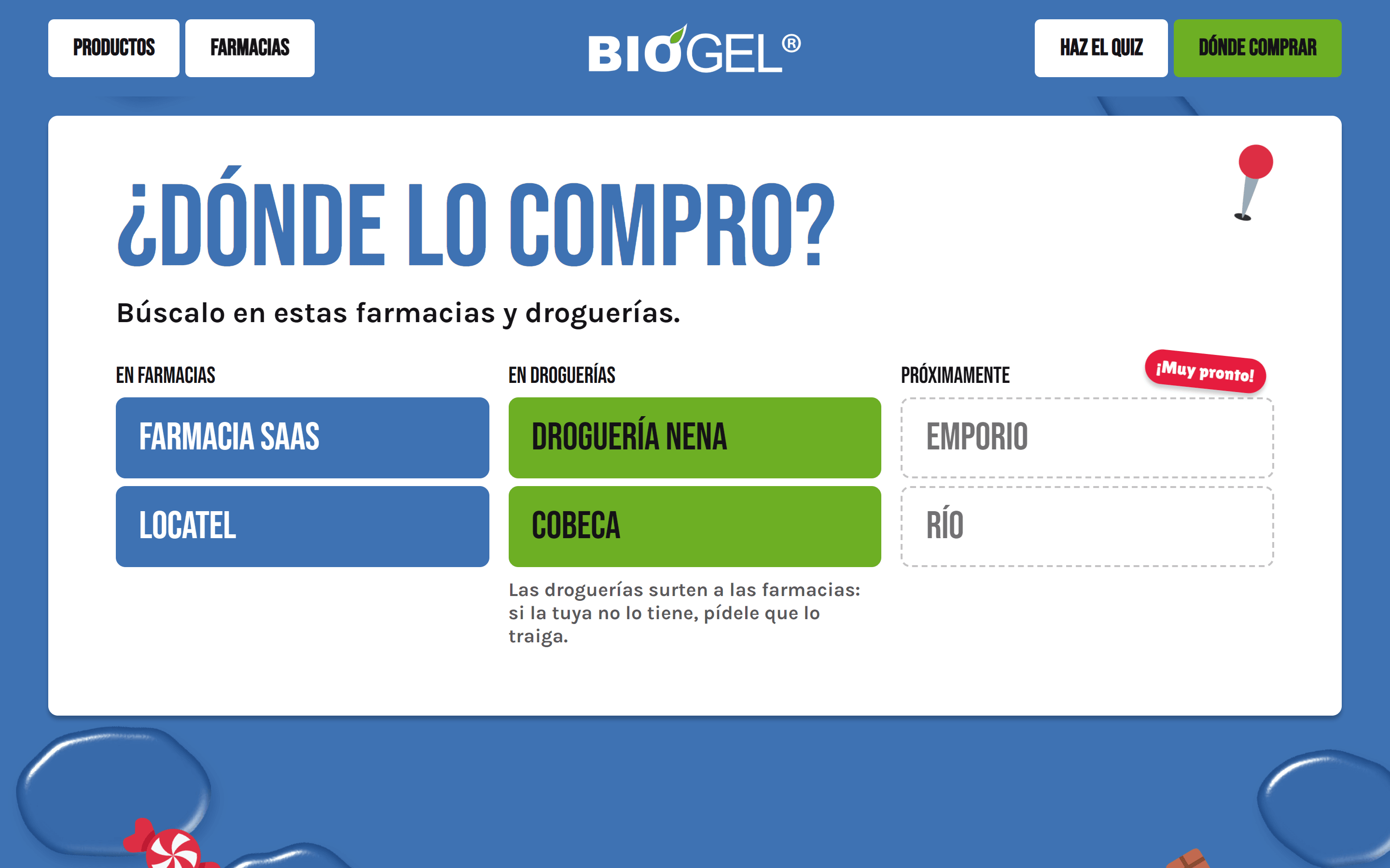¿Dónde lo compro?: Farmacia SAAS and Locatel in blue, Droguería Nena and Cobeca in green, and Emporio and Río marked as coming soon