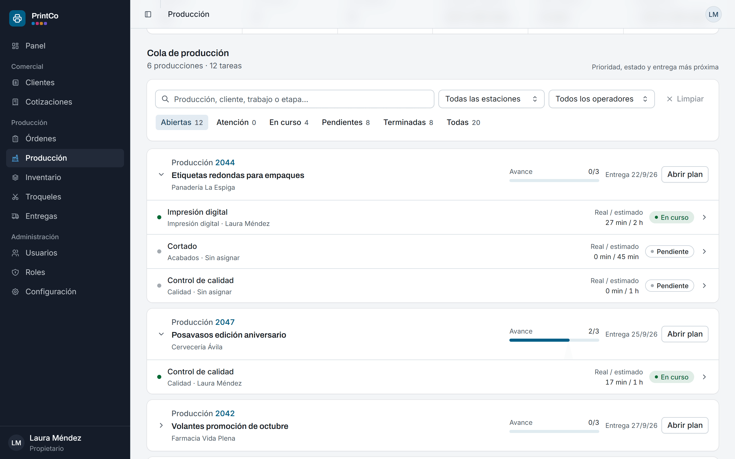 PrintCo production queue with each order's stages, operator, real versus estimated time and status