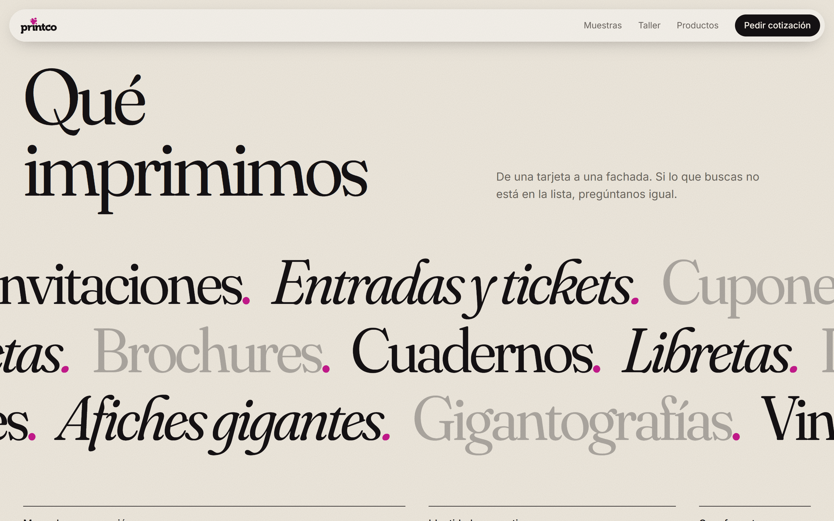 Qué imprimimos: everything the shop prints in large rolling lines of serif type, from invitations to giant prints