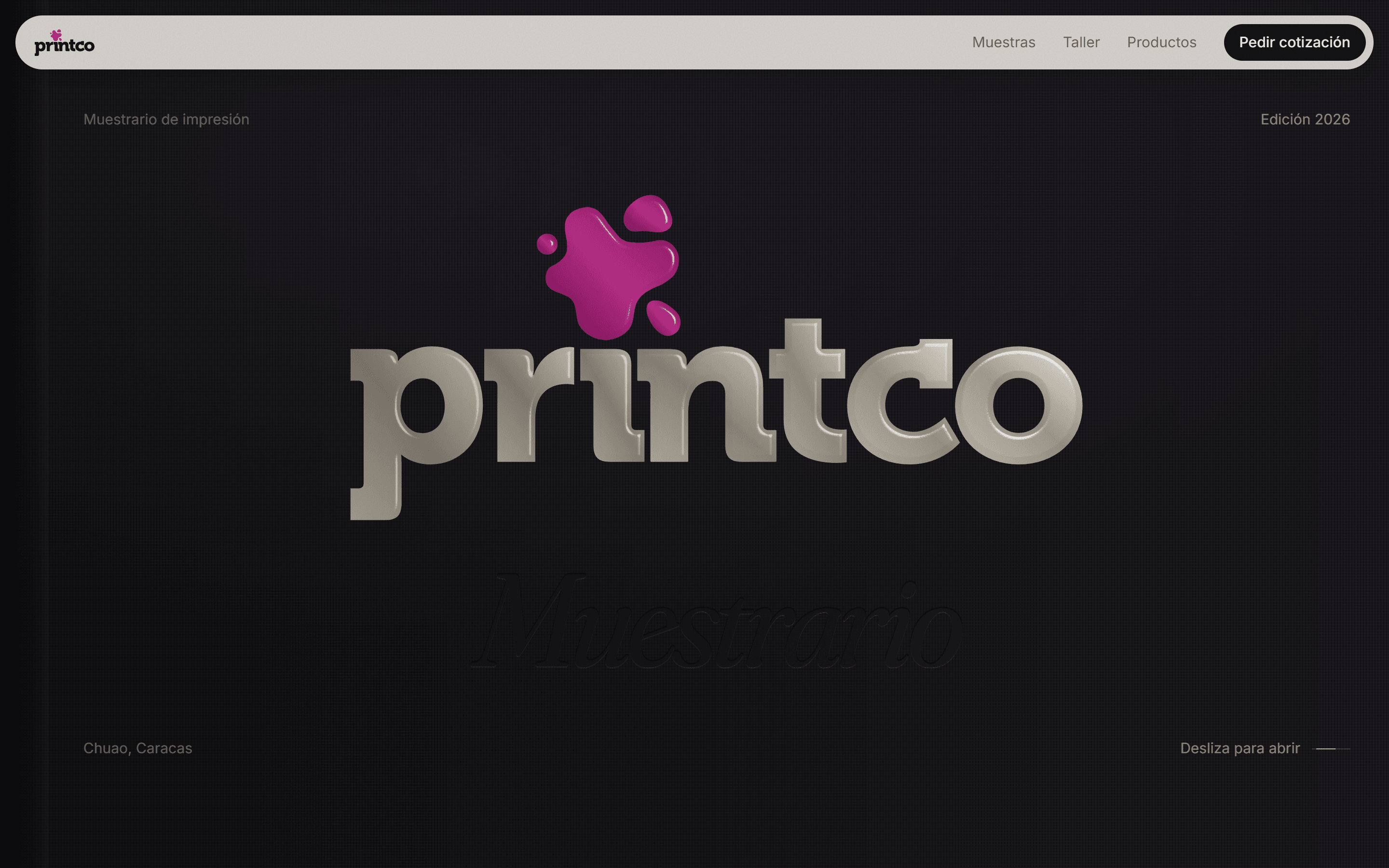 The Printco website's cover: the Printco logo stamped in silver foil with a magenta ink splat on black cloth, over the word Muestrario pressed into it