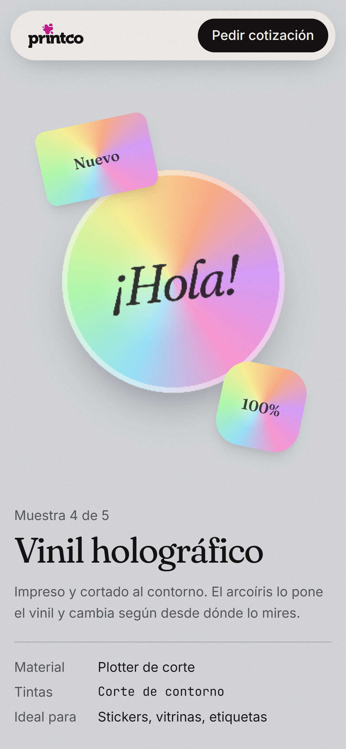 The holographic vinyl swatch page on a phone: rainbow stickers reading ¡Hola!, Nuevo and 100%, above the stock and what it suits