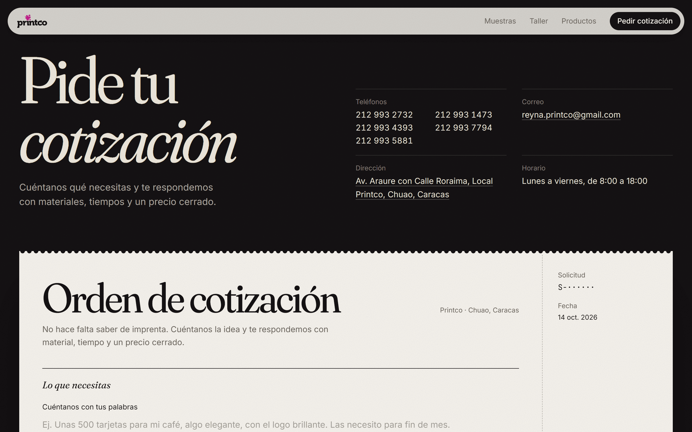 Pide tu cotización: phones, address and hours above a quote request form laid out like a printed order ticket