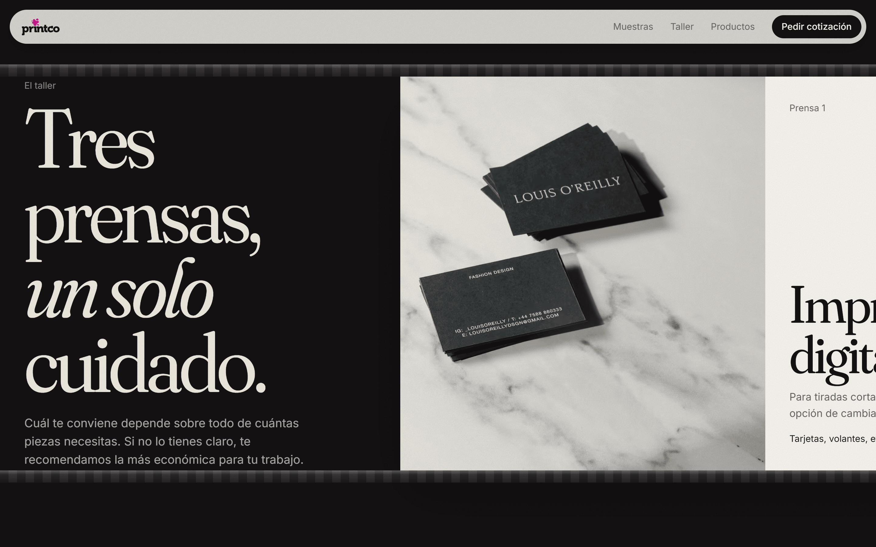 The workshop section: Tres prensas, un solo cuidado, beside the digital printing card with a photo of black business cards on marble