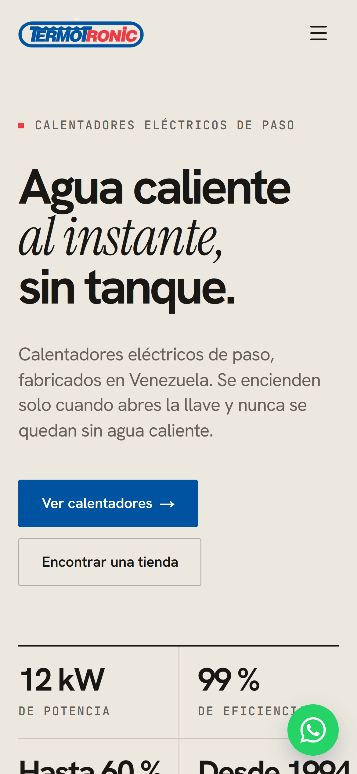 La página de inicio de Termotronic en un teléfono: Agua caliente al instante, sin tanque. con los botones Ver calentadores y Encontrar una tienda