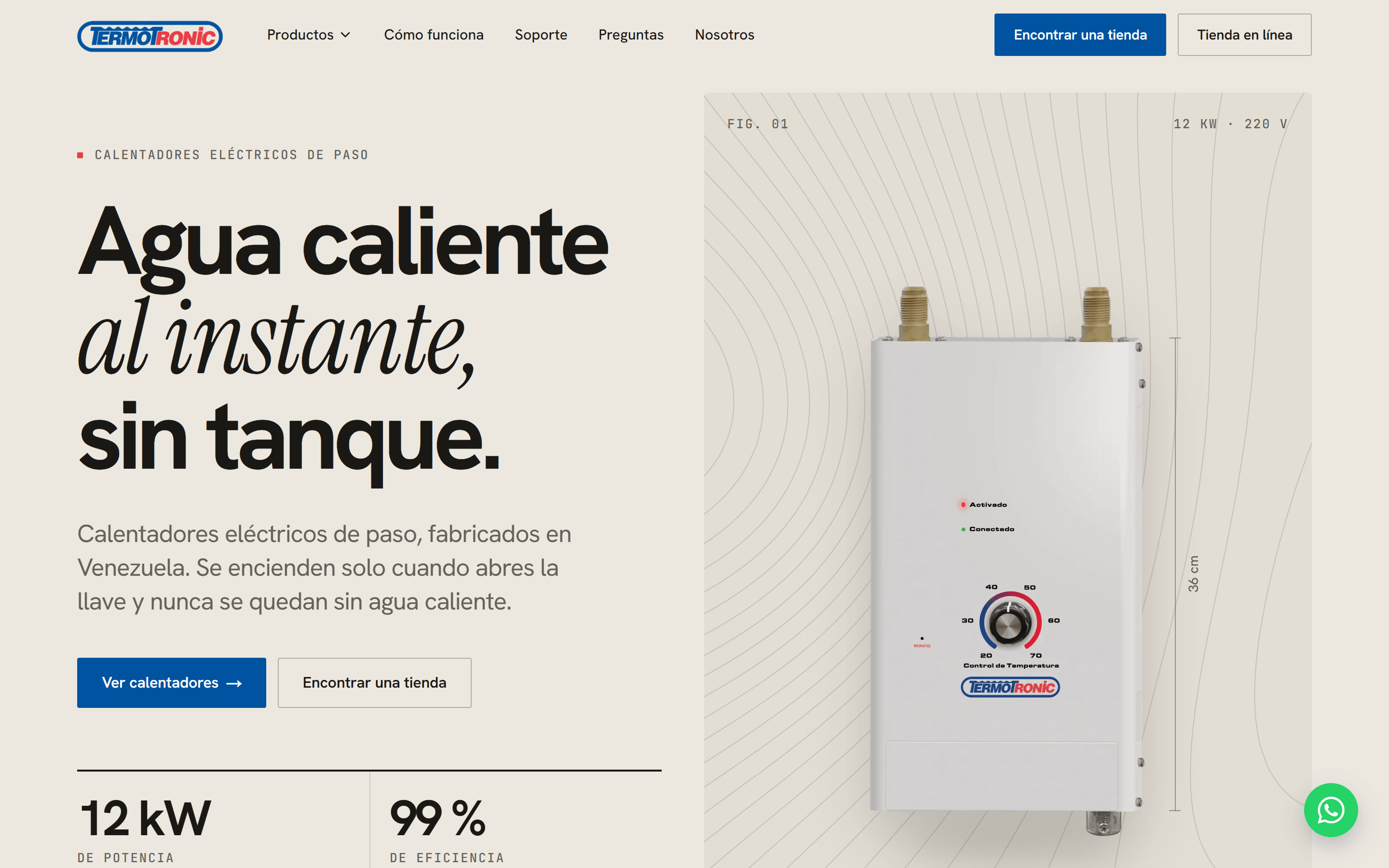 La página de inicio de Termotronic: Agua caliente al instante, sin tanque. junto al calentador W5 sobre un panel de curvas de nivel, con sus 36 cm de alto marcados y las cifras 12 kW y 99 % debajo