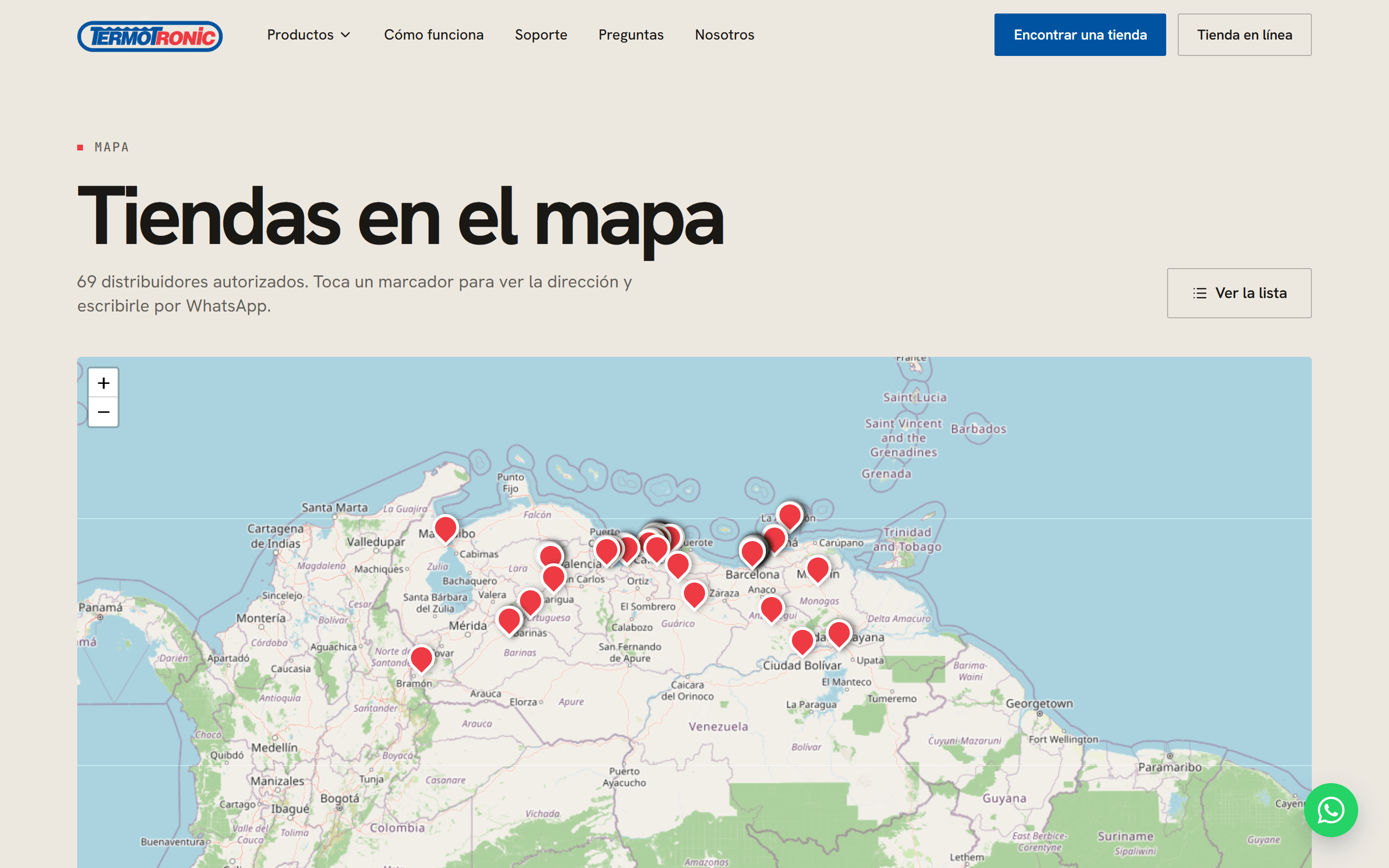 Tiendas en el mapa: 69 distribuidores autorizados como marcadores rojos en un mapa de Venezuela, de Maracaibo a Ciudad Bolívar