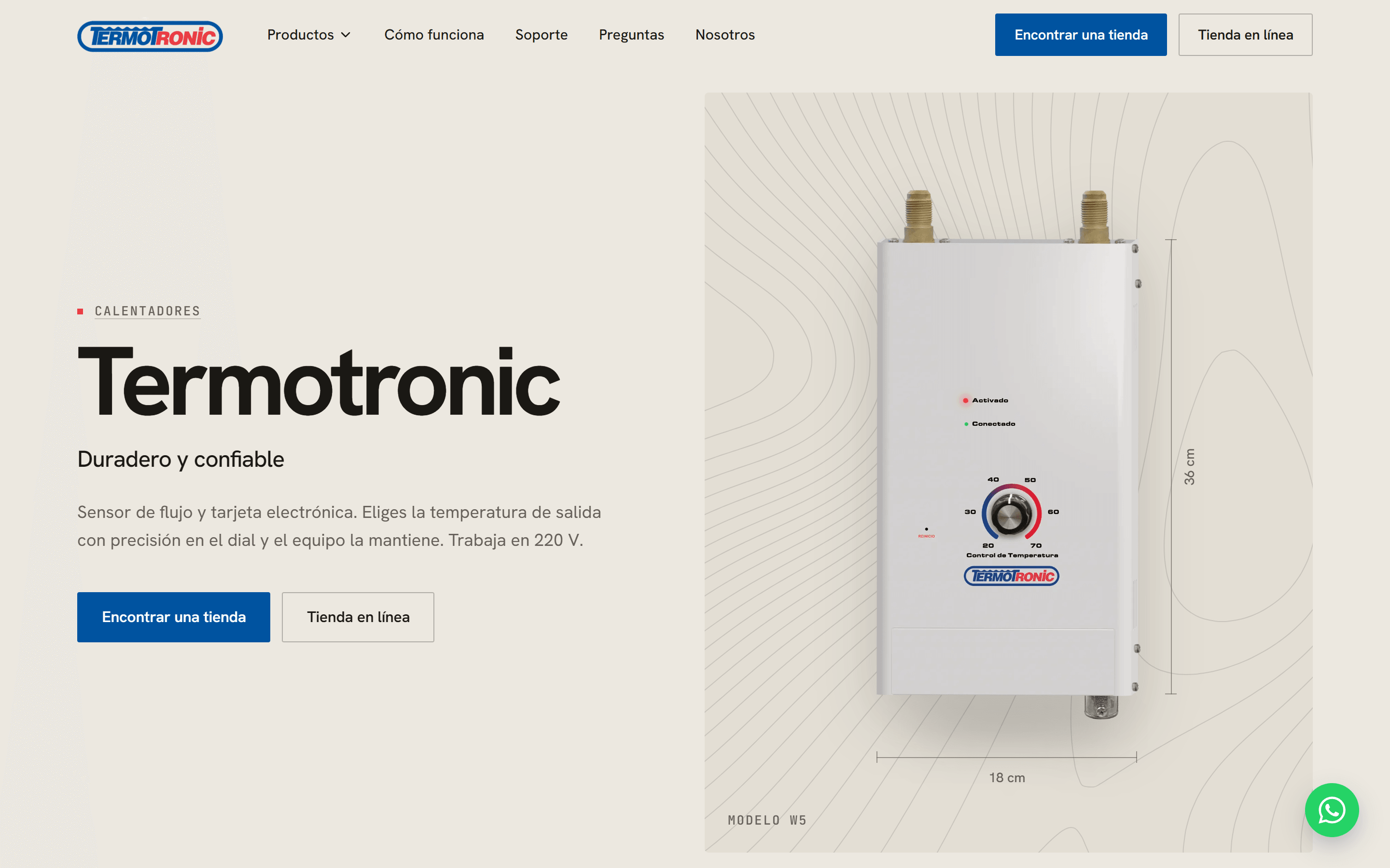 La página del Termotronic: el modelo W5 sobre un panel de curvas de nivel, medido en 36 por 18 cm, con los botones Encontrar una tienda y Tienda en línea